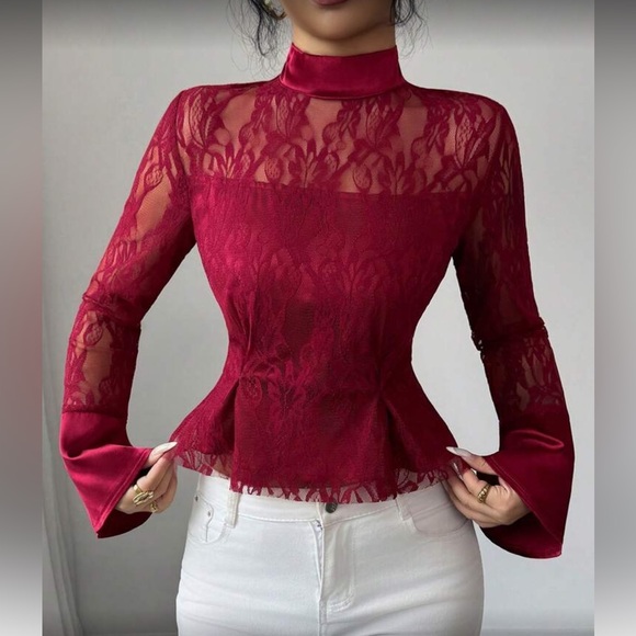 Luxe Burgundy Lave Bell Sleeve Tie Neck Blouse - Picture 3 of 7